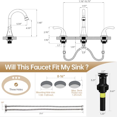 Image of Bathroom Sink Faucet FRANSITON Centerset 8 Inch 2 Handle Bathroom Sink Faucet Lead-Free with Pop-up Drain Stopper and Supply Hoses (Matte Black, 8 Inch)