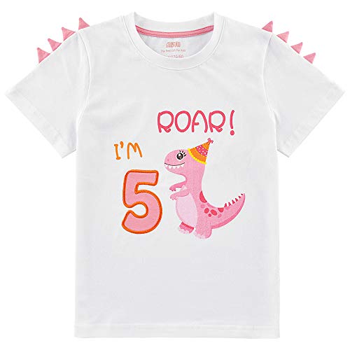 AMZTM 5th Birthday Girl T Shirts Roar I’m 5 Dinosaur 5 Years Old Birthday T-Shirt Gift (130, White)