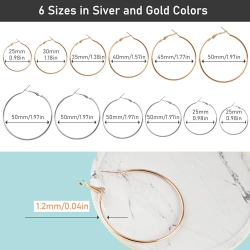 HLTOO 96PCS Hoop Earrings Finding, Round Hypoallergenic Earring Hoops, Stainless Steel Open Beading Hoop, for Women's Jewelry Making, DIY Earrings Crafts, 6 Sizes