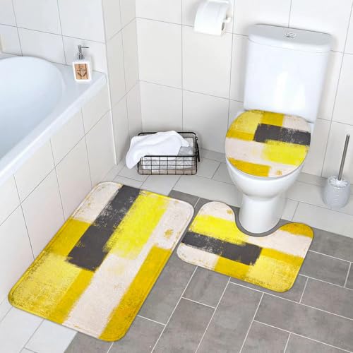 EYLOZS Badezimmerteppich Set 3 Teilig Waschbar rutschfeste Badematte Toilettenmatte Weich Saugfähige Badteppiche,Grau und Gelb, abstrakte Pinselstriche im Grunge-Stil, Weiß, Anthrazit und Hellgelb – Bild 5