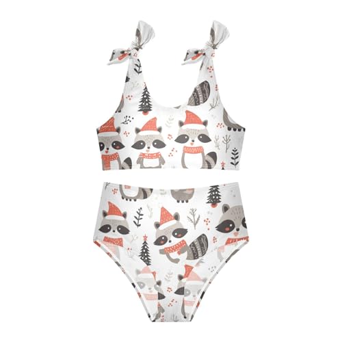 KLL Cute Raccoon Wildlife Christmas Girl 2 Piece Bikini Sets Scoop Neck Bathing Suit Swimming Suits Cute Shoulder Strap3