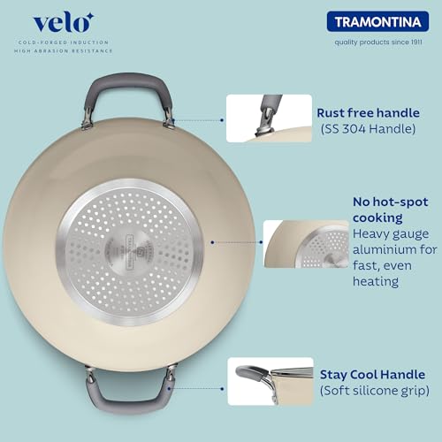 Image of TRAMONTINA Velo 24cm Shallow Kadai with Lid 2.9L | Ceramic-Reinforced Coating | Tempered Glass Lid | for Curry, Stir Fry, Sauteing & Everyday Cooking | Gas & Induction Compatible | Sand Beige
