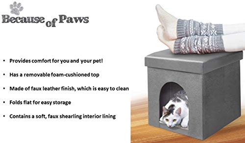 Because Of Paws Collapsible 2-In-1 Faux Leather Pet Ottoman Foot Stool With Fleece Interior Cushion (15", Taupe) - Cube/Indoor House - Pet Cave Bed Tunnel Hideaway For Small To Medium Cats And Dogs #TOP1