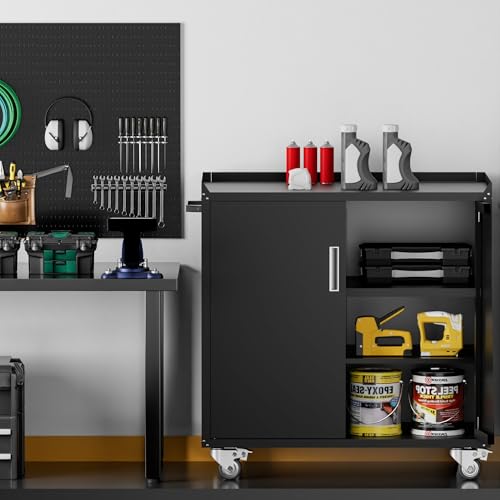 LCAOPC Metal Storage Cabinet with Wheels - Lockable, Rolling Tool Cabinet for Home, Office, Garage & Workshop - Black
