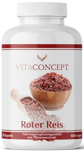 Vitaconcept | Fermentierter Roter Reis 600mg | 120 Kapseln | vegan | Roter Reis Extrakt 3:1 hochdosiert Red Rice mit Monacolin K | laborgeprüft | Monascus purpureus
