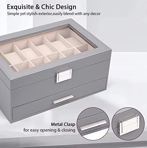 Voova 12 Slots Watch Box Organizer for Men Women,Mens Jewellery Box Watch Holder Display Case with Sunglasses Jewelry Drawer,PU Leather Watch Storage Boxes with Acrylic Glass Lid and Pillow,Grey