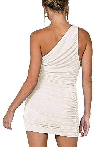 Lyaner Women's Sexy One Shoulder Ruched Sleeveless Bodycon Mini Short Dress Beige Small #TOP1