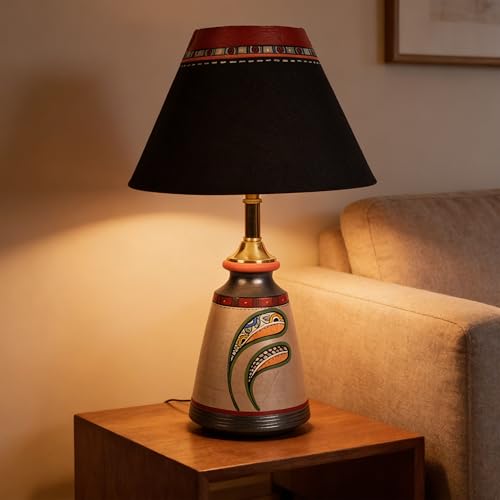 Image of AAKRITI ART CREATIONS Terracotta Table Lamp for Study Room, Bedroom & Living Room Decoration | Floral Floral Pottery Art Bedside Lamp with Cotton Fabric Shade | Aesthetic Night Lamp
