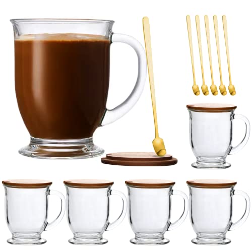 Ufrount 15 Oz Glass Mugs With Lids,Clear Glass Coffee Mugs With Handle,Classic Coffee Cups With Lids And Spoons,Latte Mugs Cappuccino Tea Mugs For Breakfast,Cereal, Milk,6 Pack #TOP24