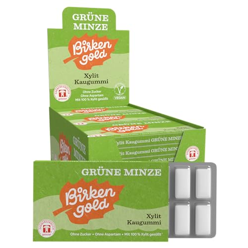 Birkengold Xylit Kaugummi Grüne Minze | 24 Stk. Blister | Zahnpflege-Kaugummi | zuckerfrei | hoher Xylit-Anteil 70% | vegan | ohne Titandioxid | ohne Aspartam | ohne Zucker