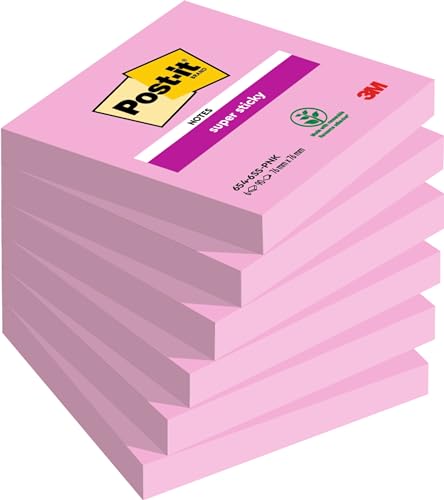 Post-it Super Sticky Notes, 540 Sheets, Pack of 6 Pads, 76 mm x 76 mm, Holds Strong to Many Surfaces, Pink