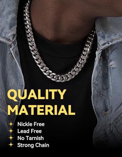 ChainsHouse Miami Cuban Link Chain Necklace for Men, 4.8mm/6mm/10mm/14mm Width, 14K Gold Plated/Stainless Steel/Black Mens Chunky Hip Hop Necklace Curb Chains, 14"-30" Length, Come Gift Box2