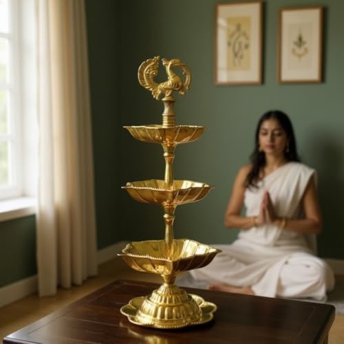Image of Handcrafted Double Brass Diya with Peacock Design | Traditional Brass Oil Lamp for Puja, Temple & Home Decoration | Antique Finish Deepak for Festivals (Triple Diya)