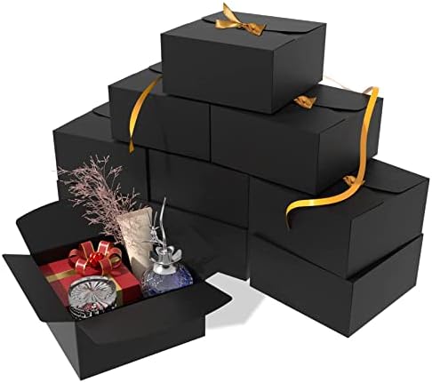 10 PCS Gift Boxes with Lids, 8x8x4 Inches Black Gift Boxes with Ribbon, Kraft Paper Gift Boxes for Presents, Groomsmen Bridesmaid Proposal Box for Wedding Packaging Birthday Baby Shower Cupcake