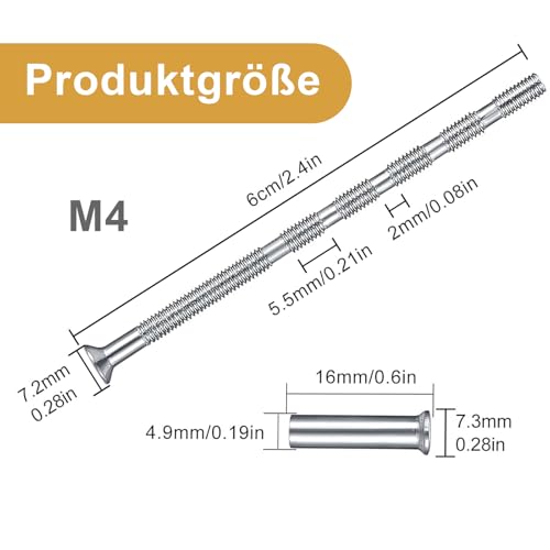Türgriff Schrauben M4, 10 Stück Edelstahl Verbindung Schrauben Hülsen, Verbindungshülse Schrauben zur Befestigung von Türgriffen, Hülsenschrauben mit Hülse.