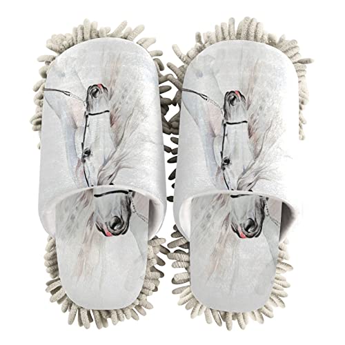 Kigai Microfiber Cleaning Slippers White Beauty Horse Washable Mop Shoes Slipper For Men/Women House Floor Dust Cleaner, Size M #TOP1