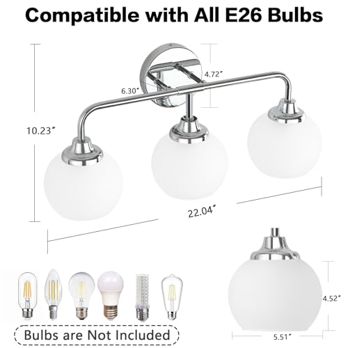 Image of Bathroom Light Fixtures, Chrome Modern 3-Lights Vanity Light Over Mirror, Globe Bathroom Lights with Milky White Glass Shade for Bedroom Living Room Farmhouse 22 inch