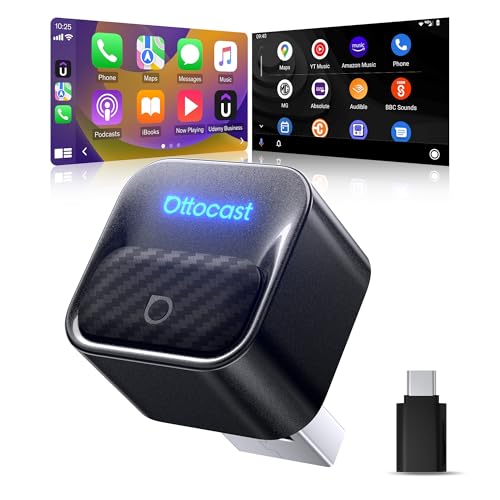 Ottocast Mini Core Adaptador inalámbrico CarPlay y Android Auto, Cambio de dispositivo con un clic, WiFi 6/BT 5.4 Conexión automática en 5s, Plug & Play para el 98% de coches con CarPlay/AA de fábrica