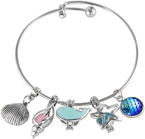 Aromatherapy Essential Oil Diffuser Cage Bracelet for Pearls 65mm Stainless Steel Tone with Sea Style Bead Cage Pendant/Charms Women's Bangles