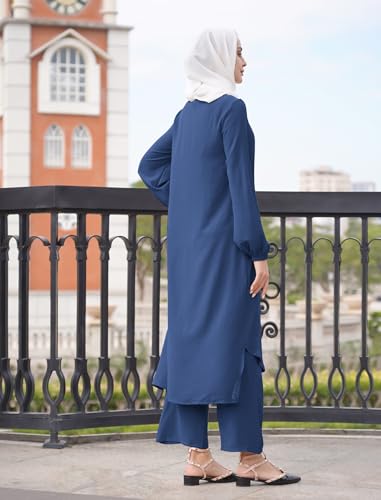 Image of IDOPIP Abaya Dress for Women Muslim Set Long Sleeve Chiffon Islamic Dress Shirt with Pants 2PCS Dubai Prayer Casual Clothes