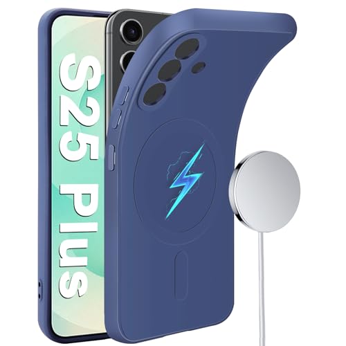 Coque Samsung S25 Plus compatible MagSafe en silicone bleu avec doublure microfibre