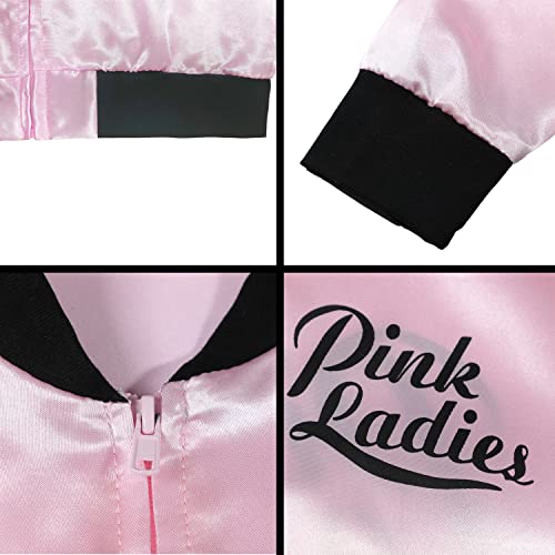 Leadtex 1950S Girls Party Pink Ladies Jacket Grease Costume With Polka Dot Neck Scarfs And Pink Cat Eye Glasses(L) #TOP4