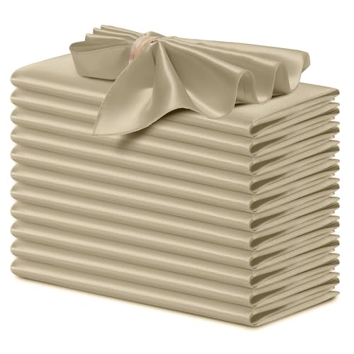 P Pothuiny 12 Pcs Beige Satin Napkins 17 x 17 Inch, Satin Cloth Napkins