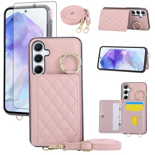 Phone Case Samsung Galaxy S24/S25 5G Wallet Cover and Tempered Glass Screen Protector Crossbody Shoulder Strap Ring Buckle Stand Card Holder for S 24 24S 25 25S G5 SM-S931U Women Girls Men Rose Gold