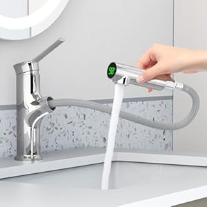 Bathroom Sink Faucet with Pull Out Sprayer, Temperature Digital Display Basin Faucets for 1 Hole Single Handle Lavatory Vanity Faucet Rv Single Hole Bath Faucet, Chrome