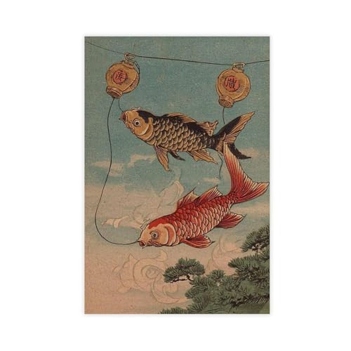 Poster poisson koï japonais en toile 50x75 cm pour décoration de chambre et bureau