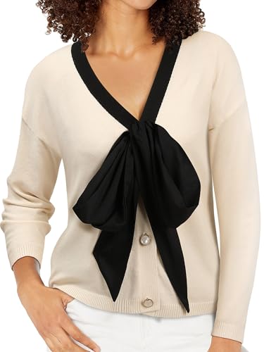 Women Bow Sweater Cute Tie Front Cropped Cardigan V Neck 7/8 Long Sleeve Fall Knit Top Elegant Holiday Party Office Wear