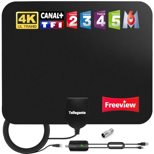 2023 Nouvelle Antenne TV Intérieur Puissante TNT HD - Antenne HDTV avec Amplicateur de Signal Amélioré 30 dBi Jusqu’à 240 km - pour 1080P 4K Chaînes Télévision Gratuites – 5m de Câble Coaxial