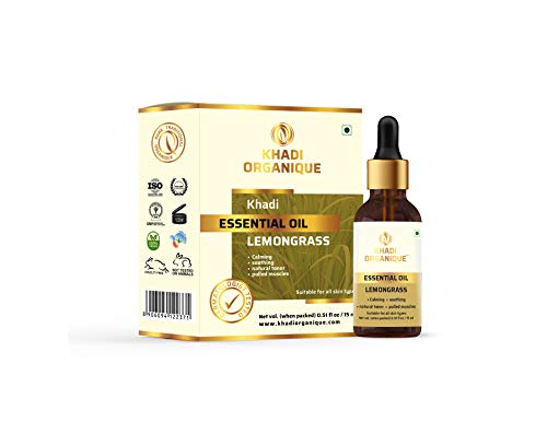 Image of Khadi Organique Lemongrass Essential Oil for Skin, Hair & Body | Pure & Natural Aromatherapy Oil for Acne, Pimples, Stress & Muscle Pain Relief | Refreshing & Moisturizing Massage Oil - 15 ml