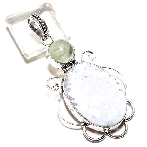 Pendentif en opale bleue et prehnite naturelle fait main en argent 925