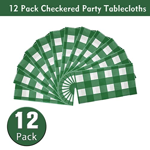 Image of Kesfey 12 Packs Green and White Checkered Tablecloths Party Picnic Disposable Table Covers 54 x 108 Inches Splashproof Plastic Checkered Gingham Tablecover for Outdoor Dinners Party Retro Celebrations