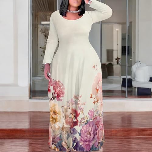 Image of PinkPatty Plus Size Maxi Dress for Curvy Women Crew Neck Long Sleeves Casual Dress Vacation Sundresses with Pockets