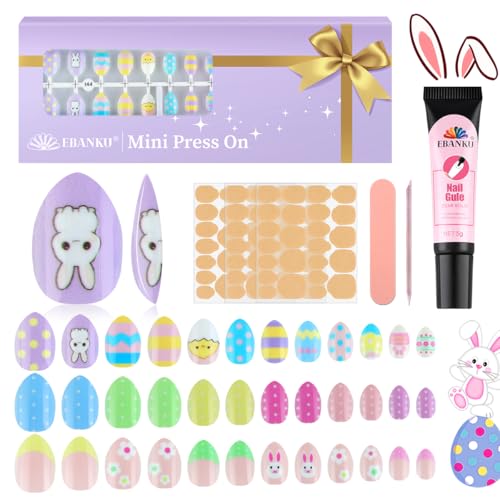 EBANKU 72-teiliges Ostern-Press-On-Nagelset für Kinder, 3er-Pack mit Kaninchen-Design, Kinder-Kunstnagelset mit kurz geschnittenen Kunstnägeln mit voller Abdeckung, inklusive Nagelkleber