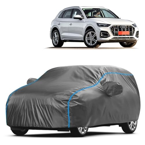 Image of Kerwa Car Body Cover Waterproof with Q5, Dust & UV Resistant All-Weather Proof Full Body Cover, Grey with Blue Lining, Triple Stitched Elastic Bottom with Mirror Pocket