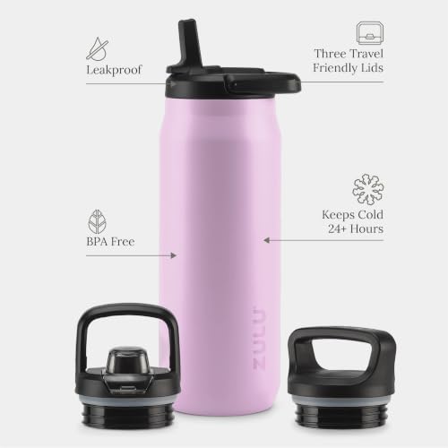 Image of ZULU Base 40oz Stainless Steel Water Bottle with 3 Lids- Straw, Chug, Twist | Double Walled and Vacuum Insulated Metal Thermos | For Gym, Outdoor | Built in Carry Loop, Dishwasher Safe, Pink