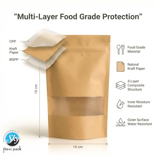 Image of Brown Kraft Paper Zip lock Stand Up Pouches | 12x20 cm | 250gm | Pack of 10 | Food Grade Storage Bags with Transparent Window | Airtight Reusable for Dry Fruits, Snacks, Spices | Self-Sealing