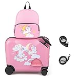 Goplus 2 PCS Kids Luggage, 18” Ride on Suitcase & 12” Backpack Set W/Anti-Lost Rope, Carry Strap, Wheels, Footrest, Toddler Sit on Rolling Carry on Luggage for Girls Boys (Vertical Bar, Pink Unicorn)