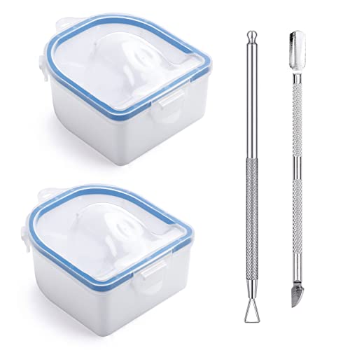 Nail Soaking Bowl, 2PCS Soak Off Gel Polish Dip Powder Remover Manicure Bowl with Triangle Cuticle Peeler and Stainless Steel Cuticle Pusher Nail Art Tool (Blue-4PCS Set)