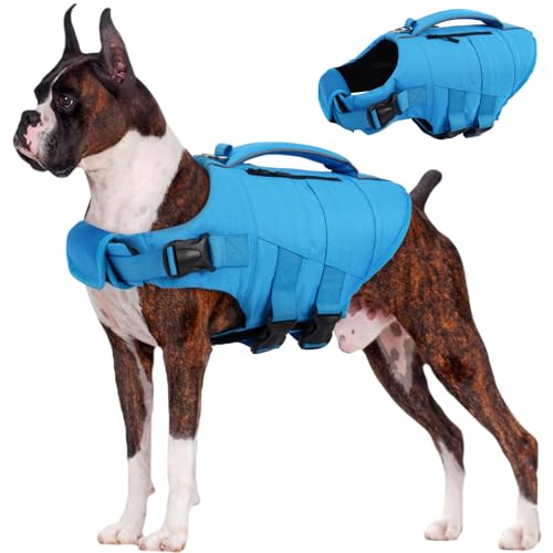 Kuoser Dog Life Jacket, High Flotation Dog Life Vest for Swimming Boating, Adjustable Small Medium Large Dogs Swim Vest with Rescue Handle and Pocket, Reflective Safety Pet Lifejacket Floats