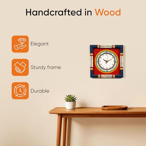 Image of AAKRITI ART CREATIONS Wall Clock Handcrafted Warli Art Dial with Glass Frame Blue, Red | Wall Clock for Home, Home Decoration | Lightweight Wooden wall Decor | Matte Finish