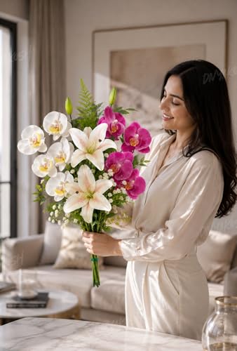 Image of Divyakosh Artificial Flowers Bunch (Vase Not Included). Artificial Flower for Vase, Flower Bouquet Gift with Orchid & Lily Pink White Arrangement for Living Room, Table, Centerpiece, Decor