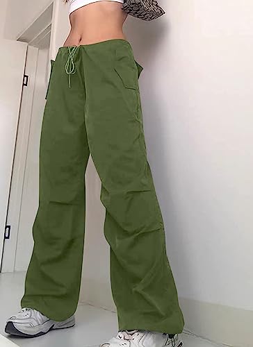 Laoara Parachute Pant Women Cargo Pants With 3 Pockets Drawstring Y2K Low Waist Baggy Pants Relaxed Loose Jogger Track Pant Green L #TOP3
