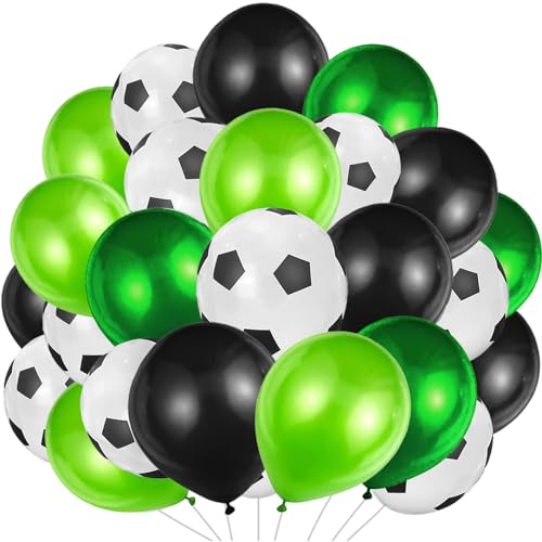 AUNGKWANG 40 Globos de Fútbol de Látex, 12 Pulgadas Blancos Negros Verde Globos Látex Impresos, Decoración para Niños Cumpleaños de Fútbol, Fiestas de Aficionados al Fútbol, Tema Deportivo