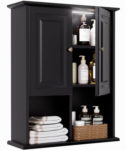 HAIOOU Bathroom Wall Cabinet with Motion Sensor LED Light, Wooden Medicine Cabinet Wall Mounted Cupboard, Over Toilet Storage Cabinet with Buffering Hinges and Adjustable Shelf - Black