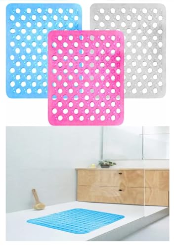 Bath Mat Baby Shower Non Slip Mats With Drain Holes And Suction Cups Heavy Duty Anti Mould Bathtub Pad Bathroom Tub Supplies Washable Antibacterial PVC Matts Approx 48 X 31cm Assorted Colour (1 Pc)