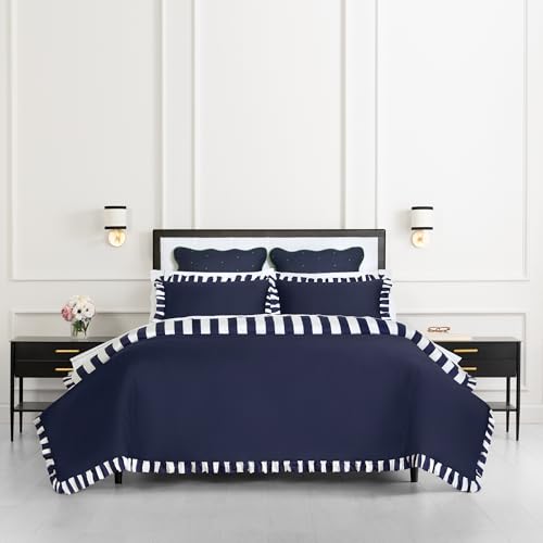 Image of kate spade new york Sateen Ruffle Full /Queen Comforter Set, 300 Thread Count Cotton Sateen Reversible Cover, All Season 3 Piece Bedding, Machine Washable, Astral Aura